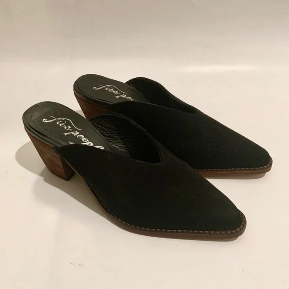 FREE PEOPLE Anya Black Suede Pointed Toe Western Chunky Heel Mules Cowboy Shoes - Picture 3 of 11